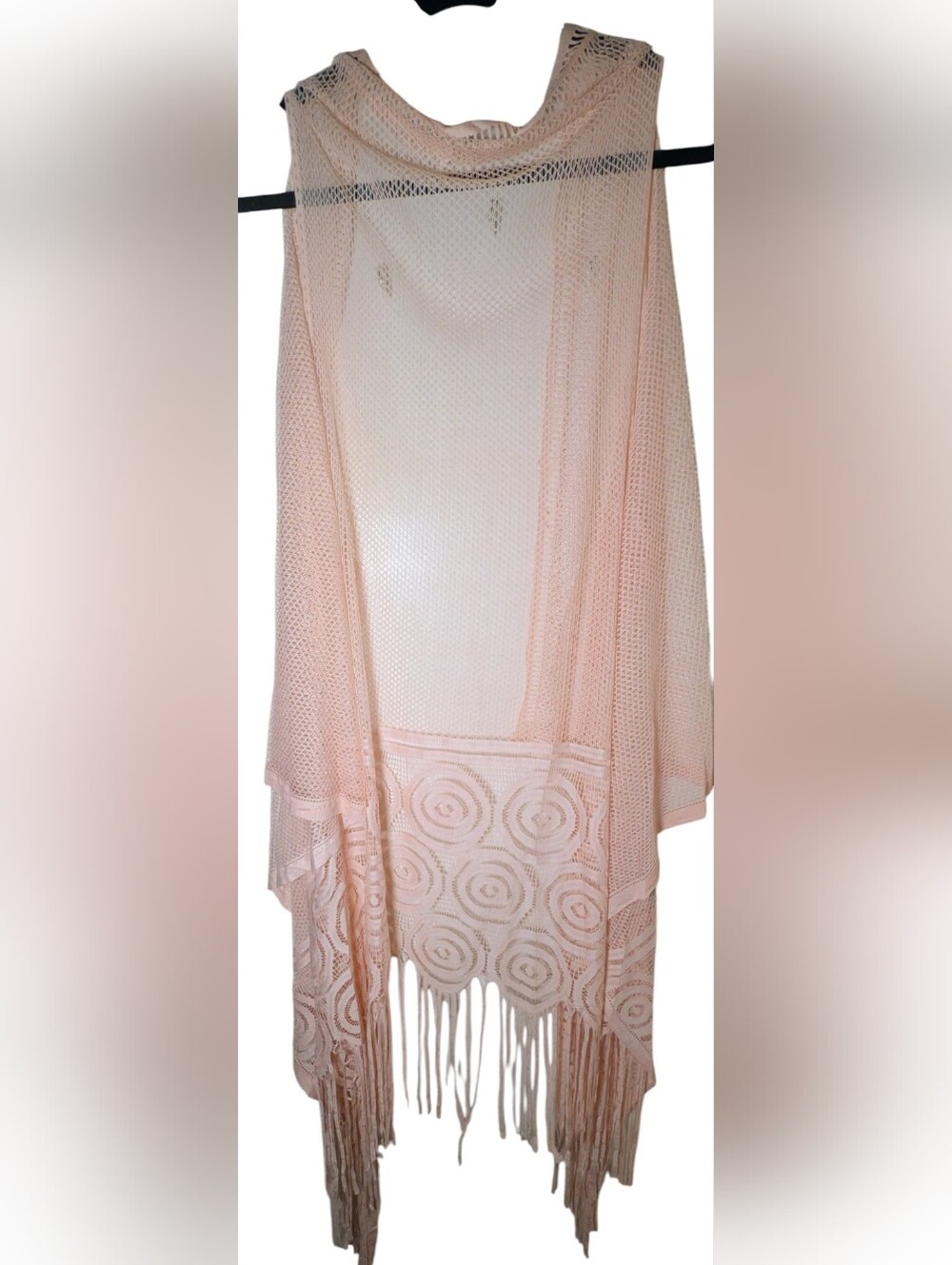 Fashionazzle Blush Pink Open Knit Fringe Duster Vest OS NWOT - Picture 3 of 5